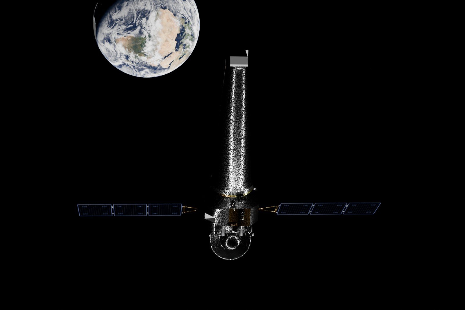 Synthetic image of the Chandra X-ray Observatory in high Earth orbit with the distant Earth, rendered by SatScenes