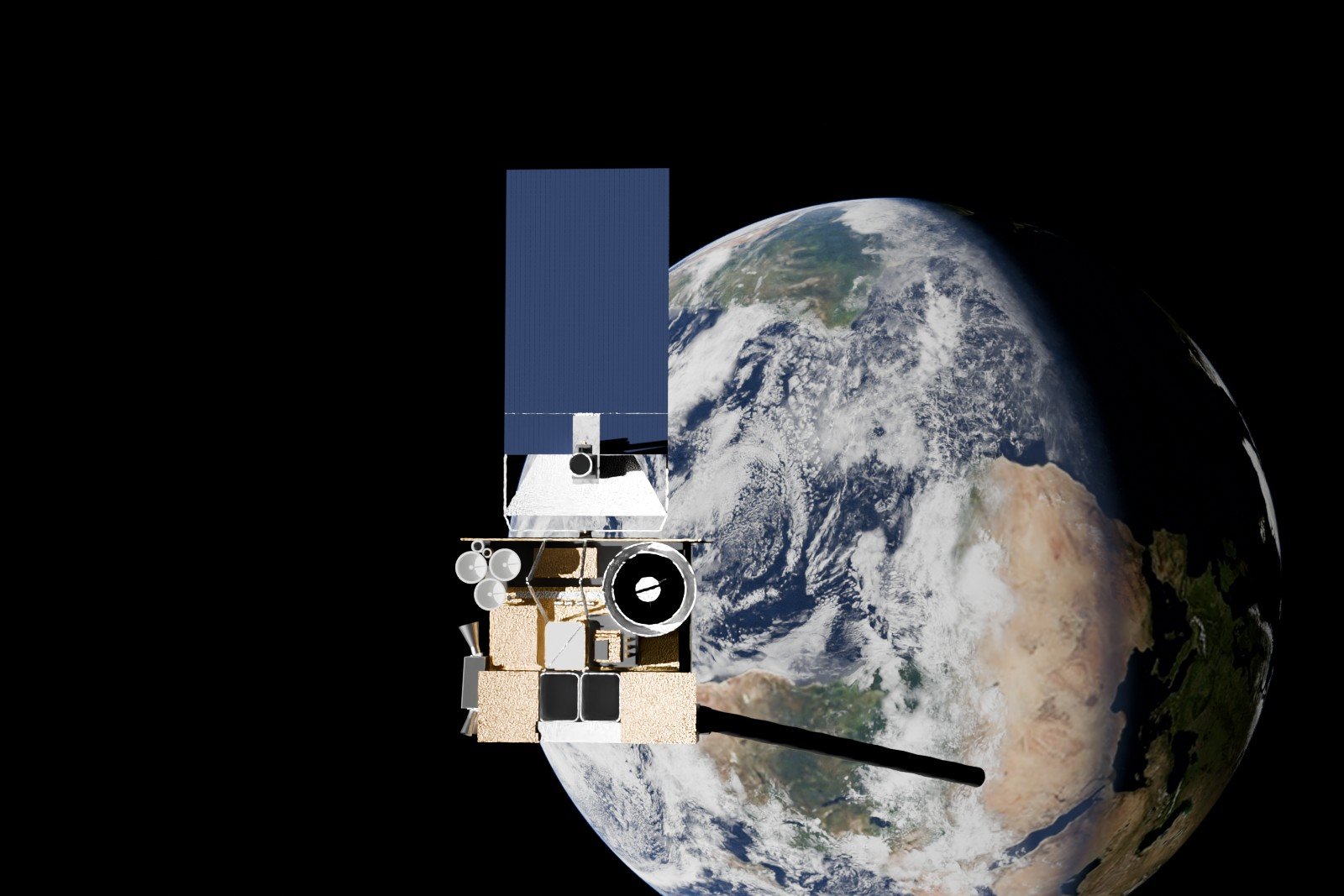 Synthetic image of a GOES weather satellite in geostationary orbit with the gibbous Earth in the background, rendered by SatScenes