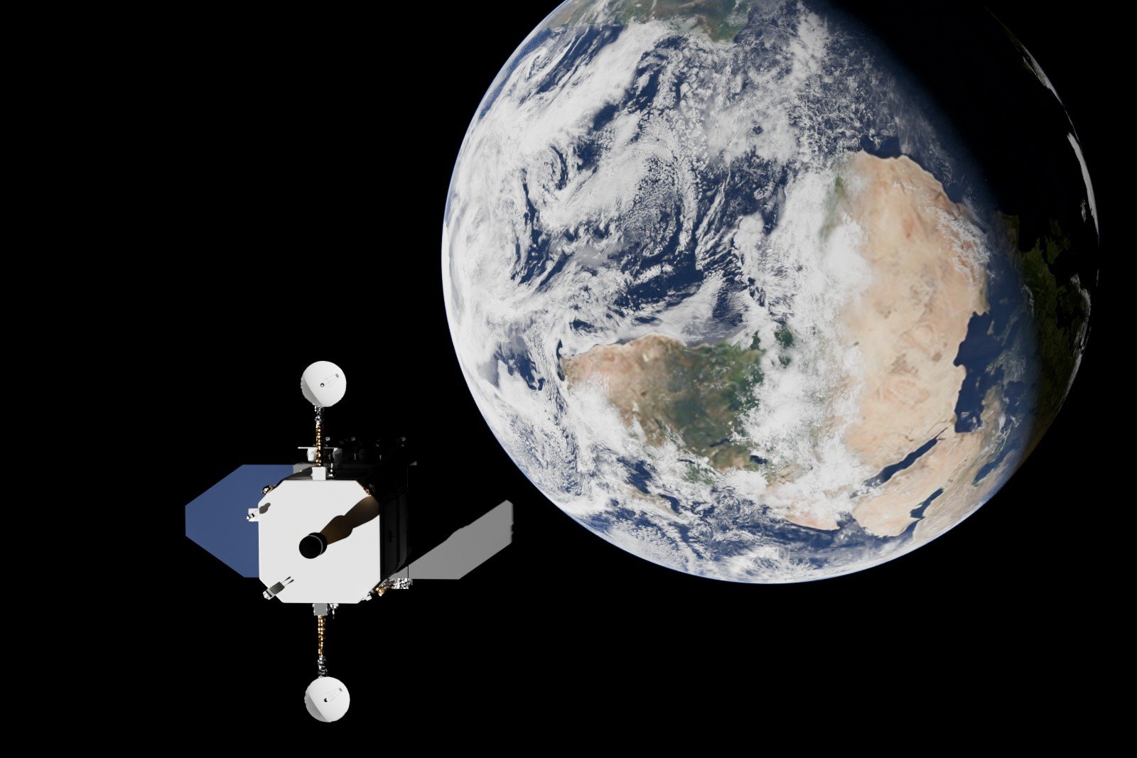 Synthetic image of the Solar Dynamics Observatory in geosynchronous orbit with the Earth behind, rendered by SatScenes