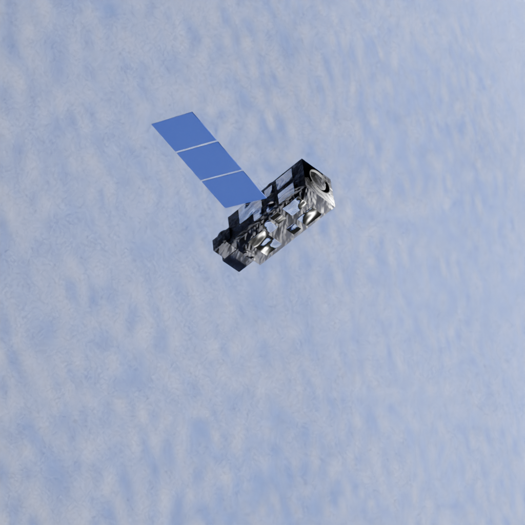 Synthetic RGB image of Sentinel-3B satellite in oblique attitude fully lit generated by SatScenes pipeline