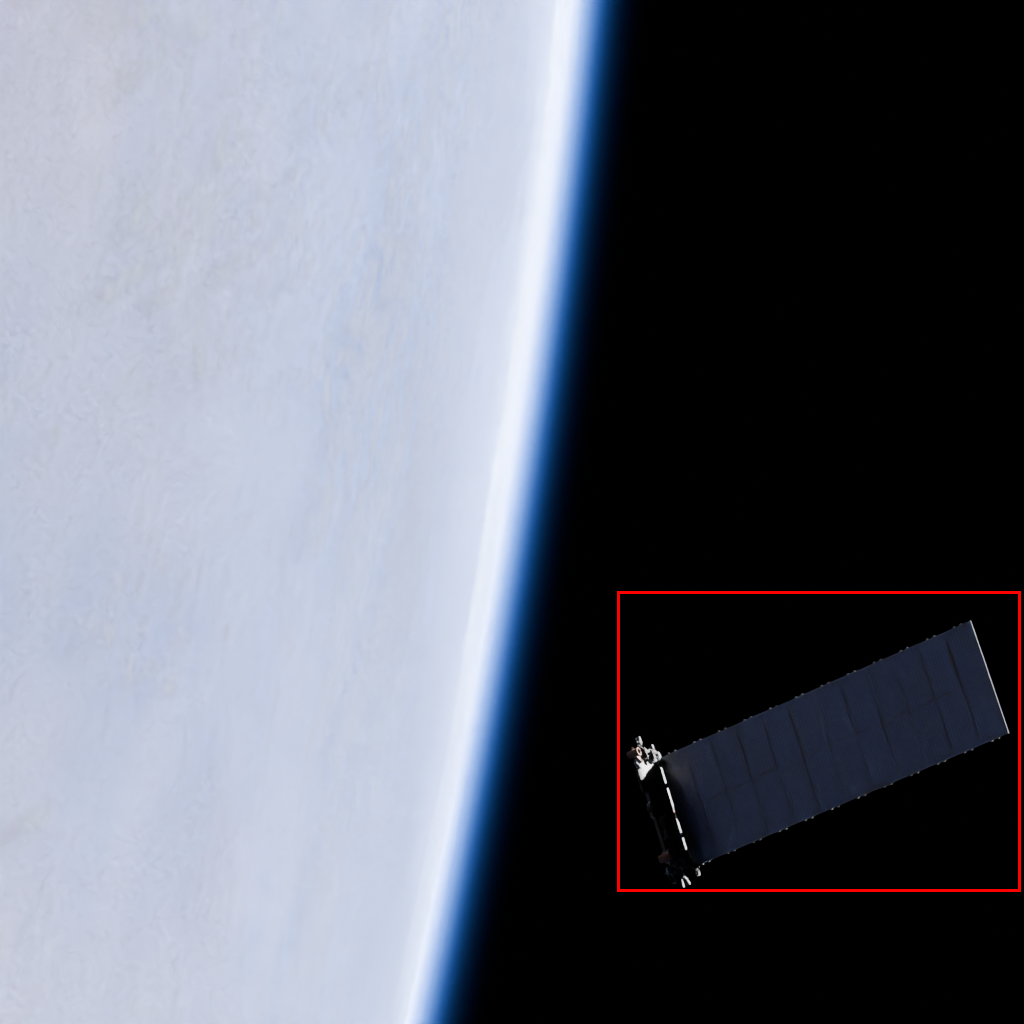 Synthetic RGB image of Starlink satellite with bounding box annotation overlay generated by SatScenes pipeline