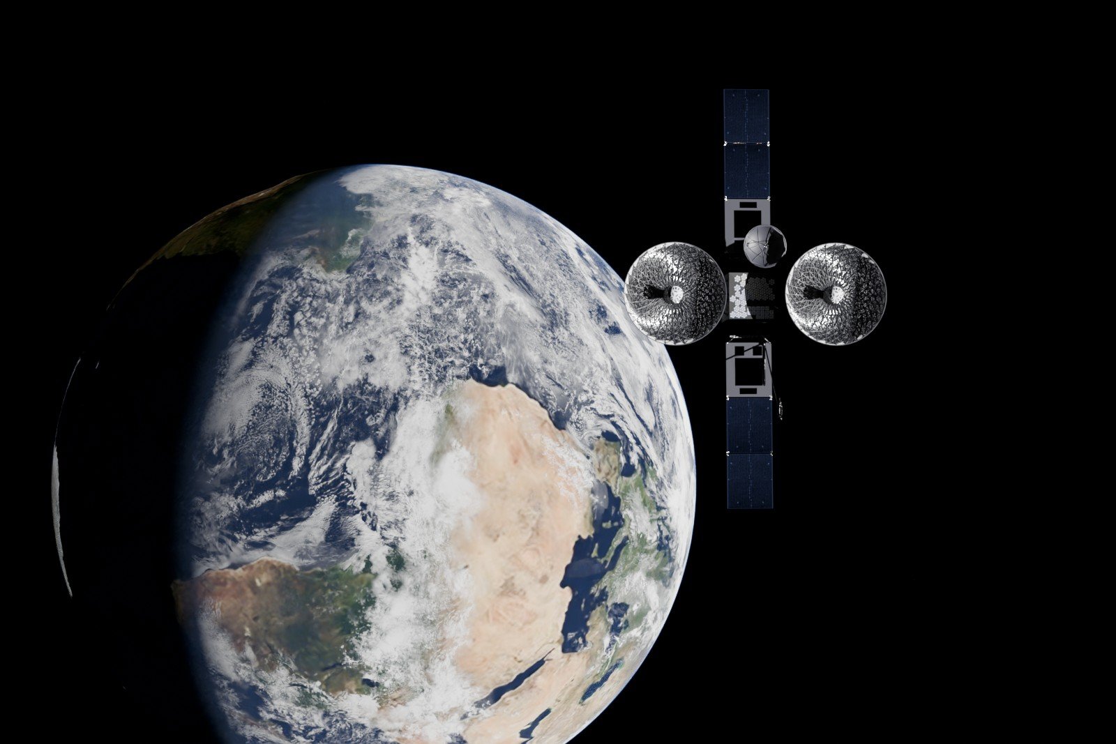 Synthetic image of a TDRS data relay satellite in geostationary orbit above the Earth, rendered by SatScenes