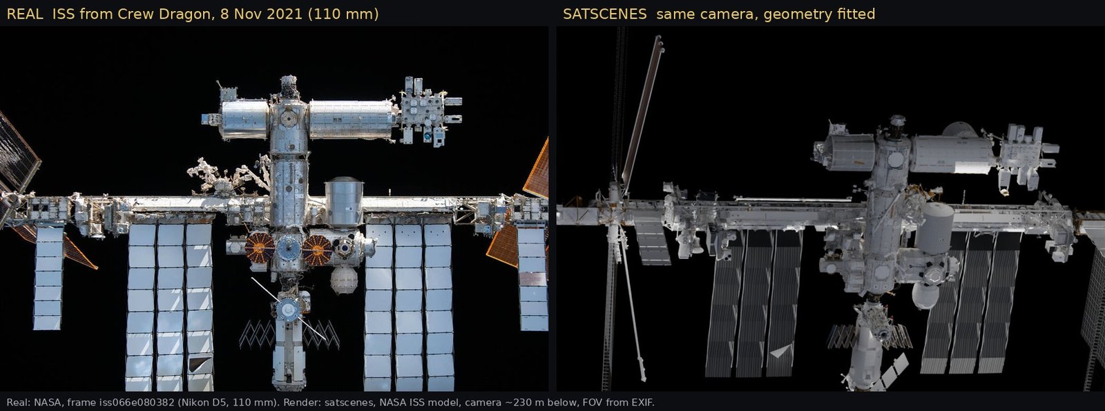 Side by side: real NASA photo of the International Space Station seen from below during the Crew-2 flyaround, and the SatScenes render with the same camera